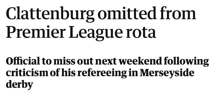 6) So what happened in 2007/08?Everton 1-2 LiverpoolI'll spare the details (here's the Guardian's match report if you require one  https://www.theguardian.com/football/2007/oct/22/newsstory.sport3) ...but I'll summarise by saying Clattenburg's display was one of the most questionable of any in PL history, hence: