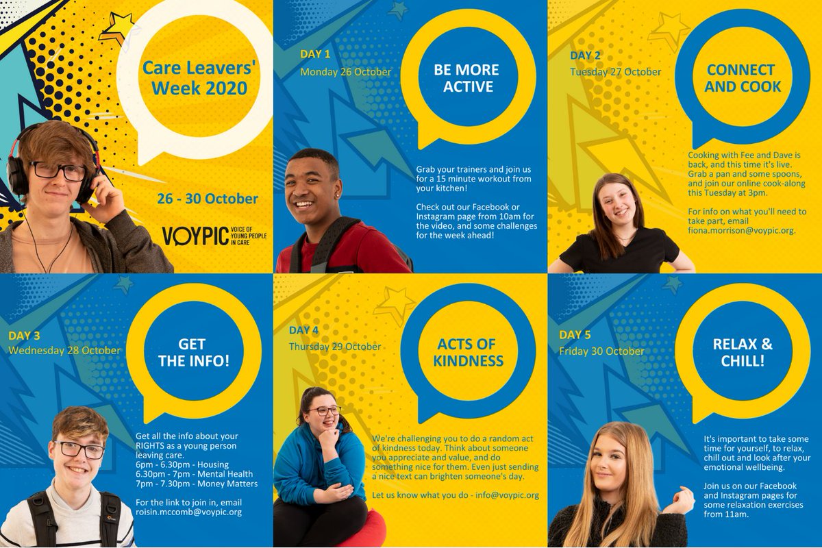 Next week is #CareLeaversWeek!

We've got a great week of online events and activities planned, including workshops on your #rights leaving #care, activities to support #mentalhealth and #physicalfitness , and our first live cook-along with Fee &amp; Dave!

👇👇👇