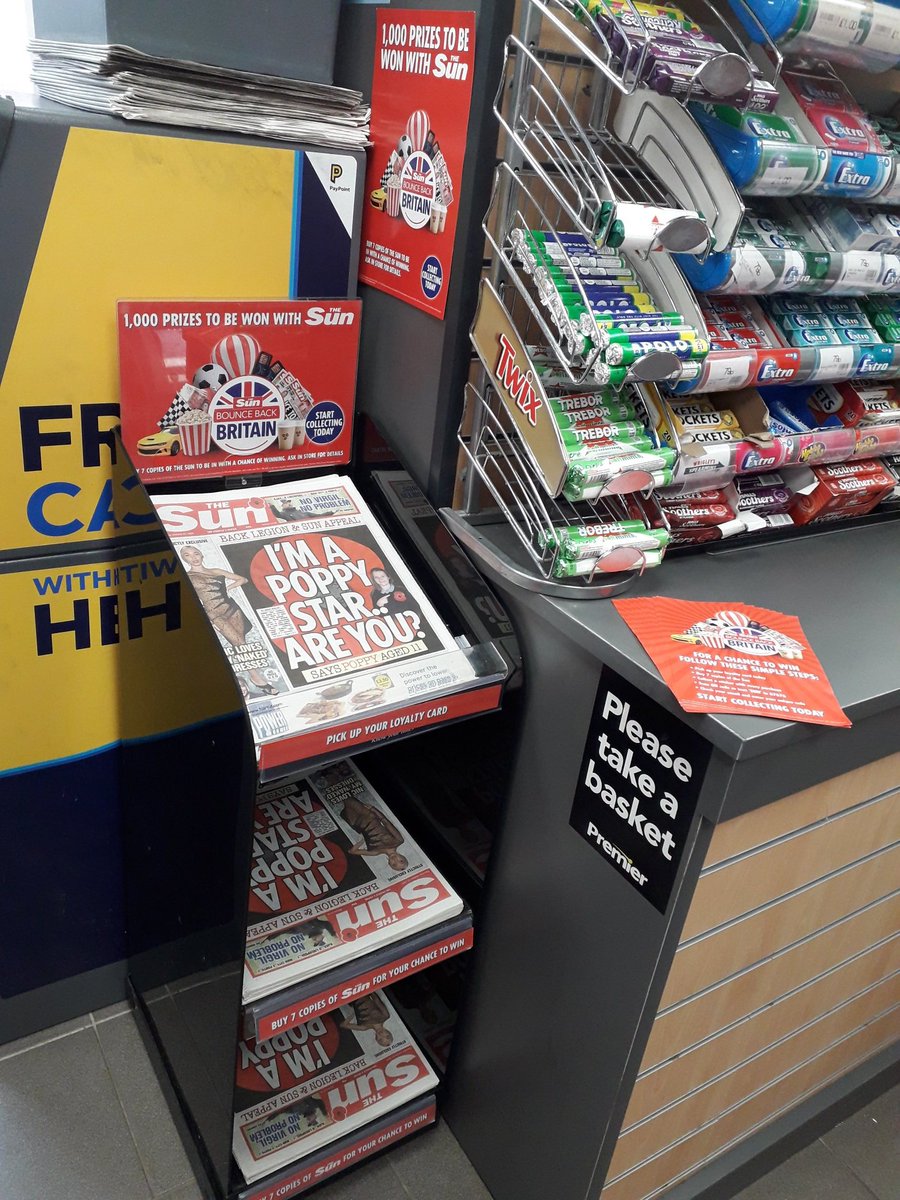 #BounceOffChallenge@NewsUKRetail. Killamarsh Convenience store are promoting Bounce Back Britain. Pick up your loyalty card and buy 7 copies of The Sun to enter. Collect a sticker with every purchase. <a href="/TheSun/">The Sun</a>