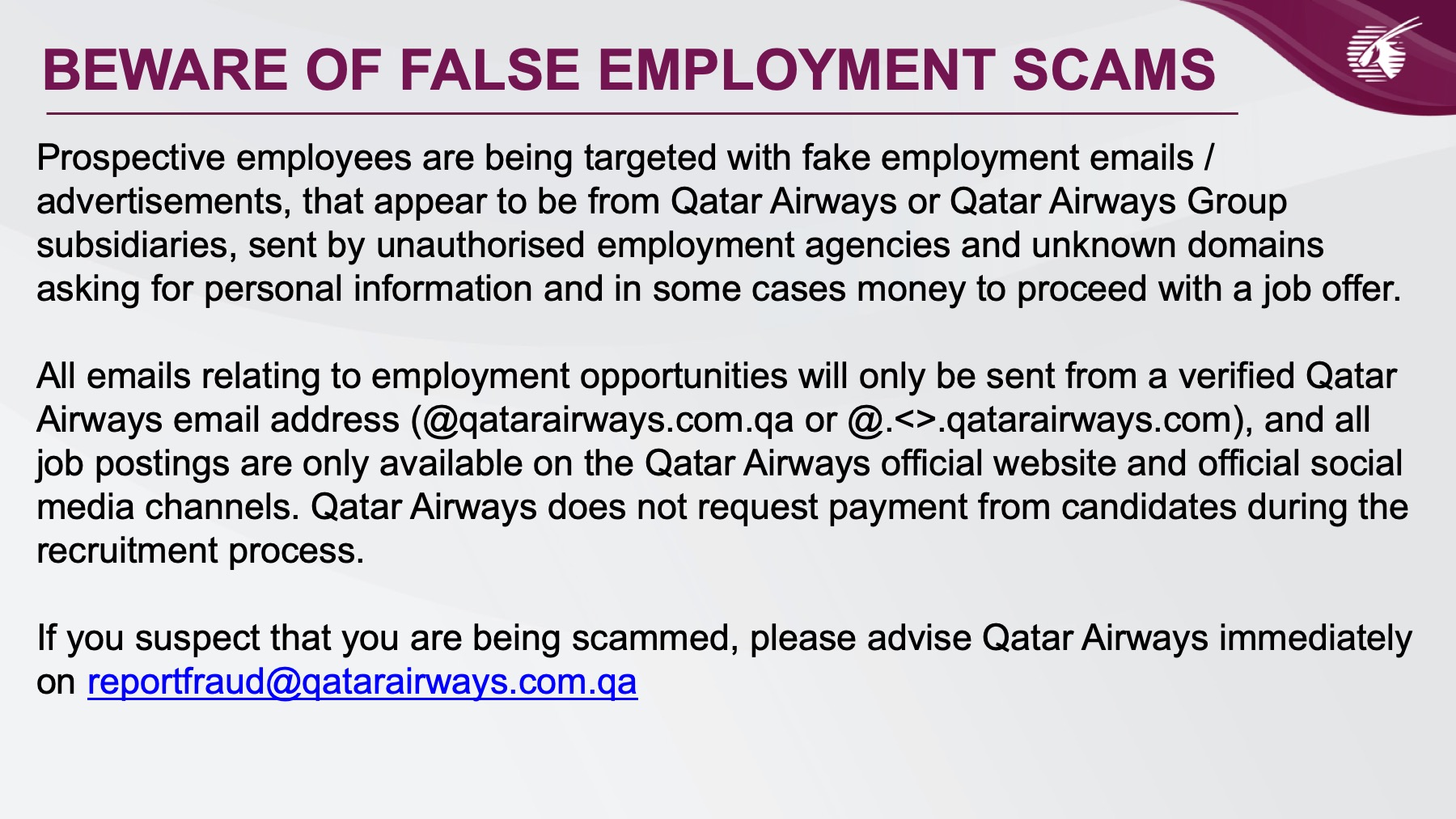 Qatar Airways on X: “Important alert: Beware of false employment