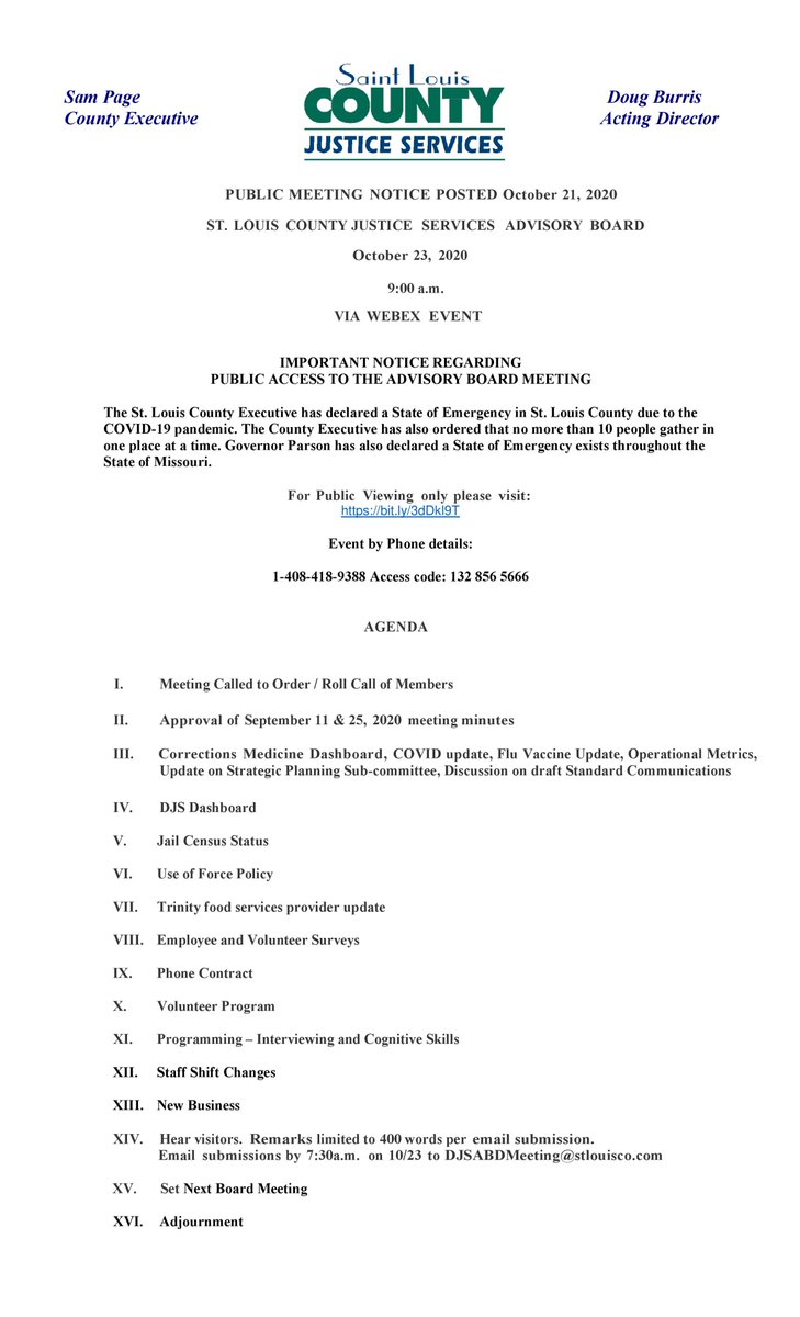 StlCoDJS's tweet image. Advisory Board Meeting Announcement. October 23rd at 9am. For Public Viewing please visit:
bit.ly/3dDkl9T