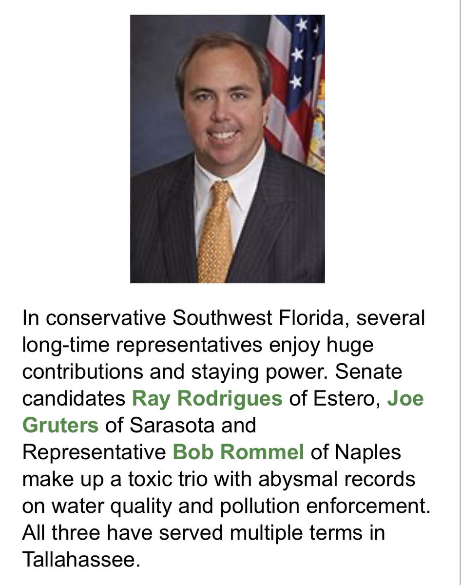 Every day we get more info on just how bad Sen. @JoeGruters is for our environment. His “abysmal” record is destroying everything we hold dear — our precious estuaries, our economy, our way of life. Dirty $=Dirty Water