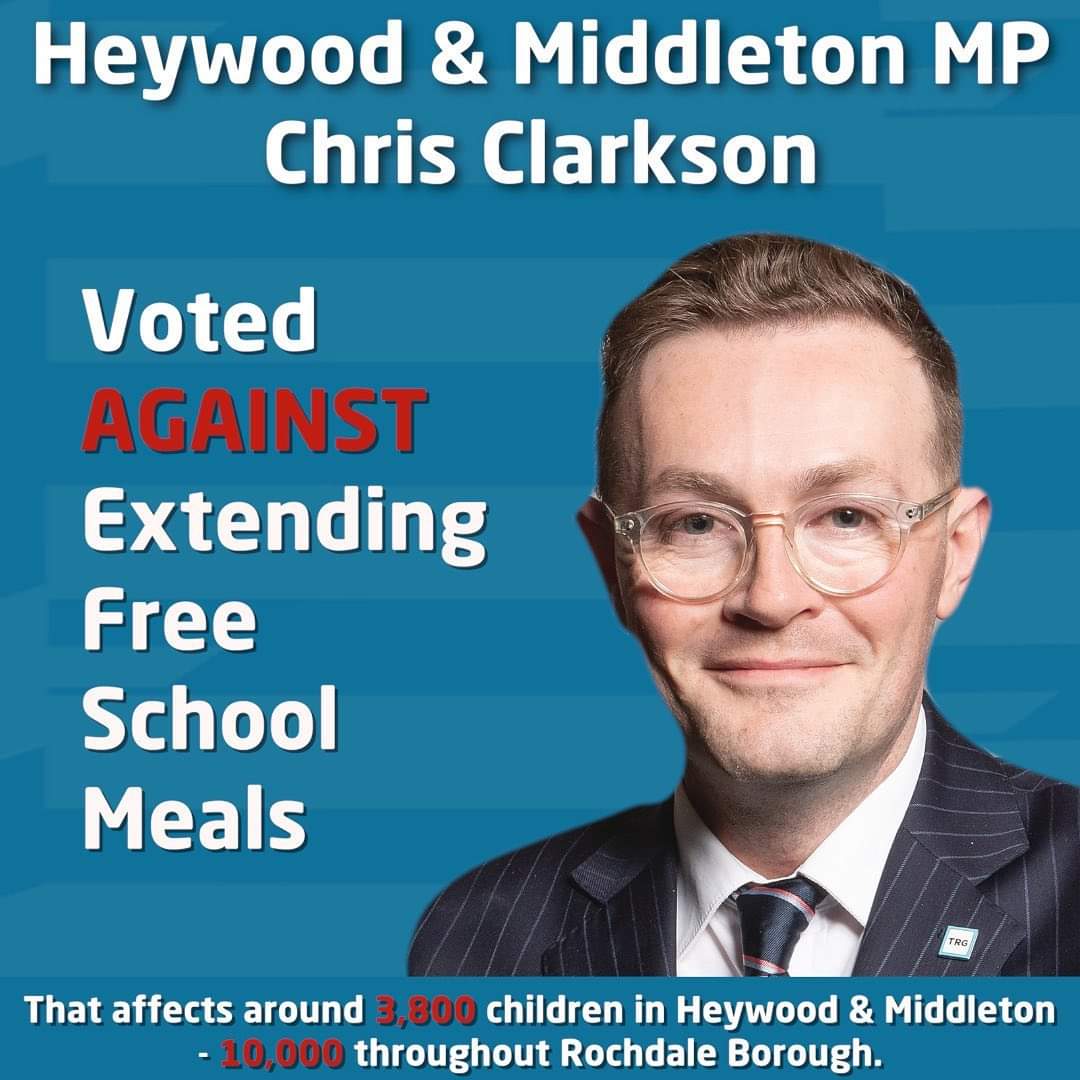 Liam_JF_ORourke's tweet photo. Sadly my MP voted against extending free school meals to help 3,800 children in Heywood and Middleton who will now struggle through holidays. 

If you have some spare cash please make a donation to Heywood Food Bank to help out https://t.co/1ikFRdaijt https://t.co/T81nRzEyCX