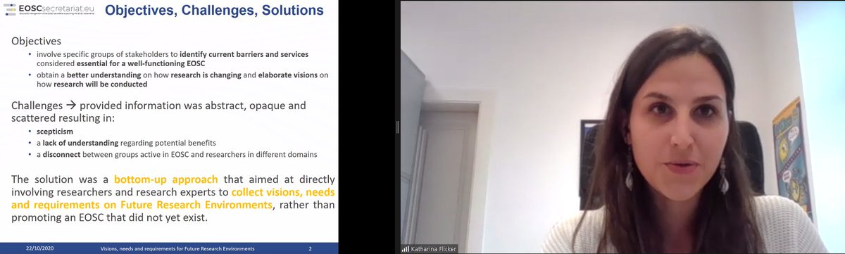 EoscSecretariat's tweet image. 1st 🌩️ talk:
&quot;We decided to face these challenges by involving #researchers&quot; - Katharina Flicker from @tuvienna on Visions, needs and requirements for (future) #research environments! #EOSCSymposium2020 

Full list of #EOSC #funded #cocreation projects:
eoscsecretariat.eu/funding-opport…