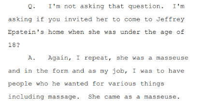 We have Ghislaine Maxwell's unsealed deposition.Question: Did you invite minor Virginia Giuffre to Epstein's home?Maxwell: "She came as a masseuse."Thread.