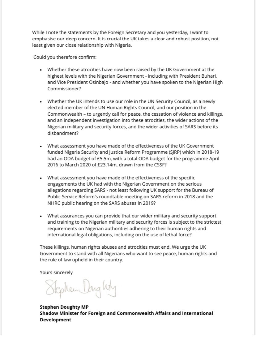 I’ve written today to <a href="/FCDOGovUK/">Foreign, Commonwealth & Development Office</a> Foreign Minister Duddridge following my comments and questions in <a href="/HouseofCommons/">UK House of Commons</a> yesterday on the atrocities and killings in #Nigeria ⬇️ 

#EndSARS #LekkiTollGate #Alausa #Lagos