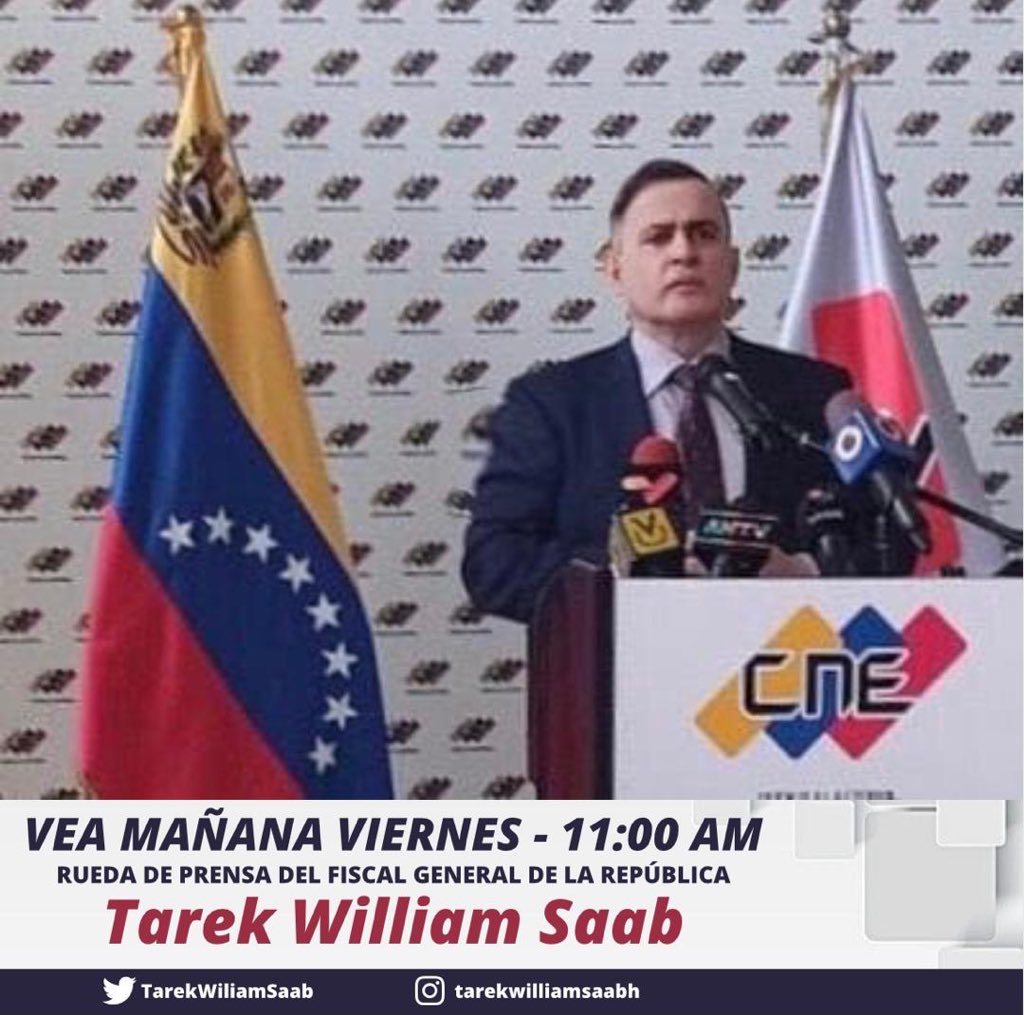 Mañana el Fiscal General de la República <a href="/TarekWiliamSaab/">Tarek William Saab</a> ofrecerá declaraciones ante los medios de comunicación #Venezuela