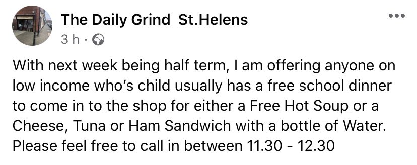 I wish it wasn’t needed, but how great are these businesses in St Helens &amp; Newton for offering free food during half term, even though they are facing tough times themselves? A lovely gesture and I hope some families in need take up the offer #endholidayhunger #Endchildpoverty