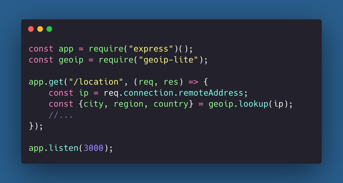 DevGuideDaily's tweet image. #NodeJS tip 😊 
𝗚𝗲𝗼𝗹𝗼𝗰𝗮𝘁𝗲 𝘃𝗶𝘀𝗶𝘁𝗼𝗿𝘀 𝗯𝘆 𝗜𝗣 𝗮𝗱𝗱𝗿𝗲𝘀𝘀 easily.
Useful if you are releasing your app to one country at a time. 👍 
#100DaysOfCode #programming #CodeNewbies