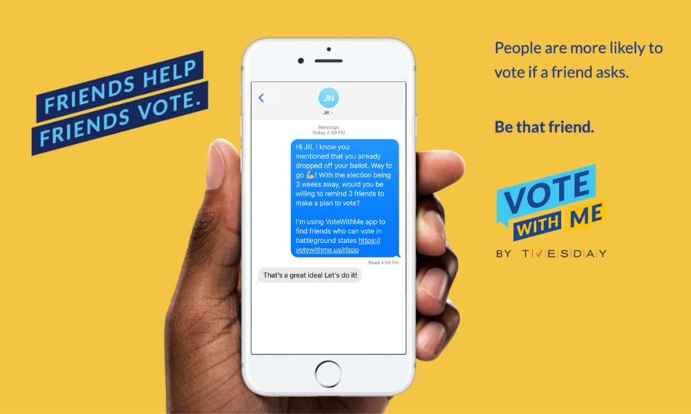 VoteWithMeApp's tweet image. Research shows that outreach from someone you know is up to 25x more powerful than a message from someone you don’t. 

So why not exercise your influence to save democracy? 

Download VoteWithMe today to remind friends and family to vote early! 

tuesdaycompany.com/votewithme