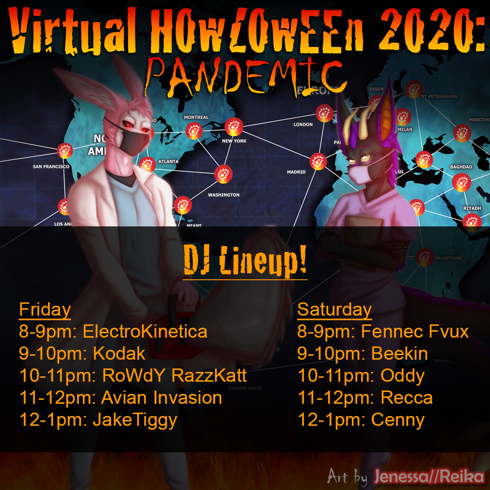 Our DJ lineup is set for our virtual event and it's going to be epic! 

#furrycon #convention #halloween #howloweencanada #howloween #dance #dj