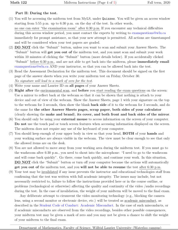 Here are the requirements for my math midterm next week. You tell me if these instructions are easy to follow and don't make you nervous.