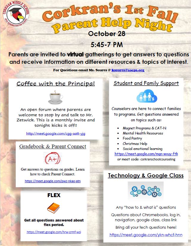 Corkran Middle is hosting our 1st Parent Help Night. Families are invited to attend virtual meets to chat w/ Mr. Zetwick, Counselors, and Teachers to find resources. Check our website for live links and the flyer sites.google.com/aacps.org/Cork… <a href="/CorkranMSAACPS/">CorkranMSAACPS</a>  <a href="/AVIDCorkran/">AVID@Corkran</a> <a href="/SairaHaas/">Saira Haas</a>