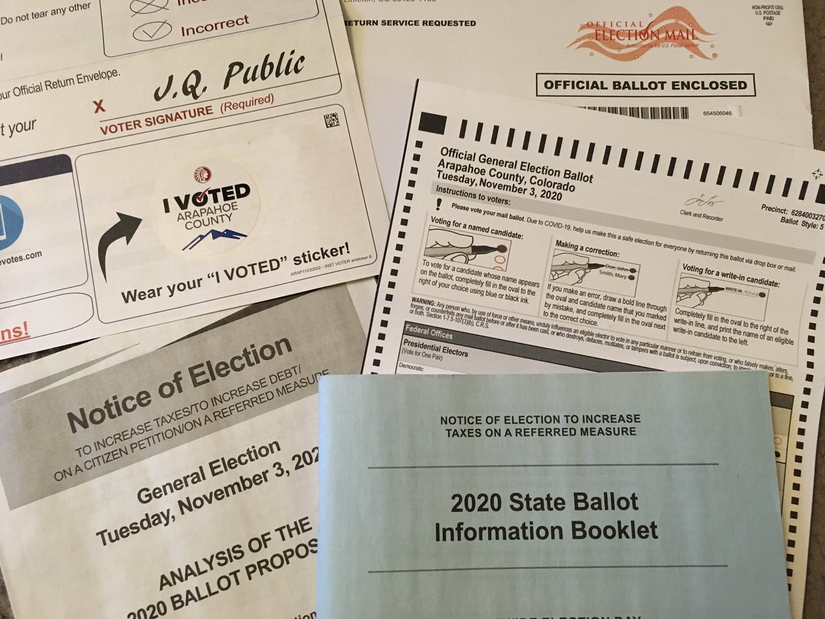 cue2_go's tweet photo. We voted! Thank you #Colorado for making it so easy, including pros/cons for each ballot issue, peer recommendations re judges, mailing a ballot to every voter & 33 drop off locations in my county. Plus, @nexton9news goes through every issue. #DoingMyPartColorado #Vote https://t.co/TgH5J9kwJJ