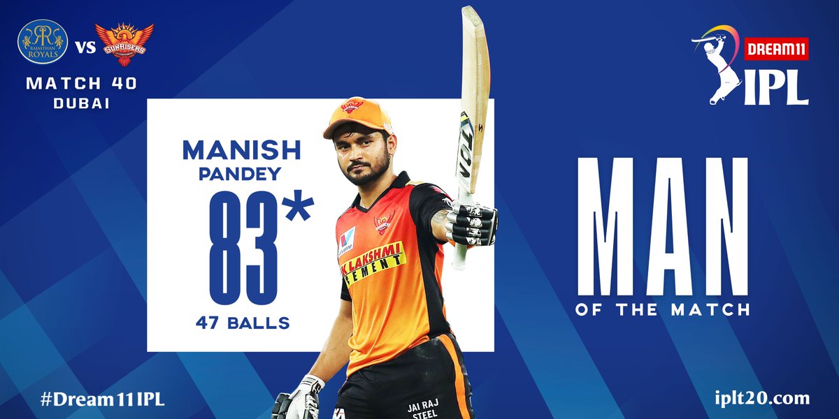 A well deserved Man of the Match award for @im_manishpandey for his match-winning knock of 83*.
#Dream11IPL https://t.co/O8kznbEjy7