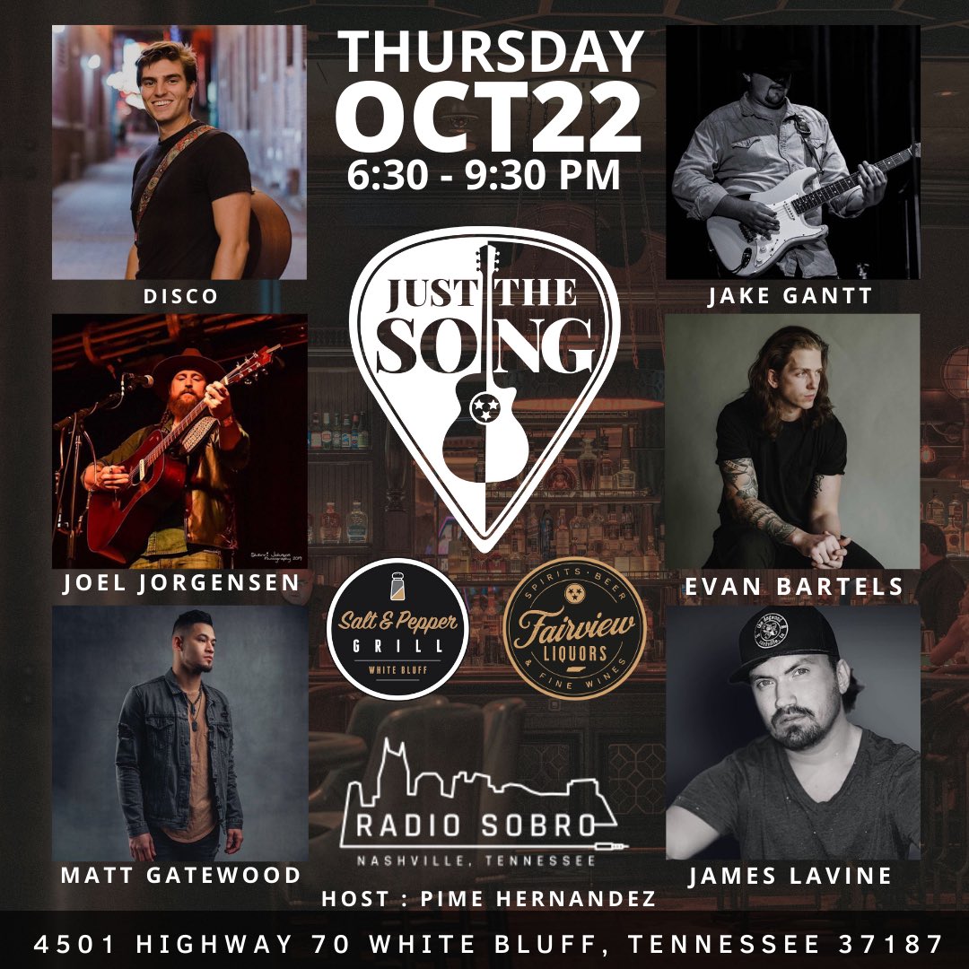 JustTheSong1's tweet photo. Super stoked about tonight! @just_the_song - Thursday 10/22/20 at #saltandpeppergrill #whiteblufftn with host @iampimehernandez 6:30-9:30PM Great lineup!! Come on out!!!
#justthesong 
#pimehernandez 
#disco
#jakegantt 
#joeljorgensen
#evanbartels 
#mattgatewood
#jameslavine https://t.co/dYn9X6rjAY
