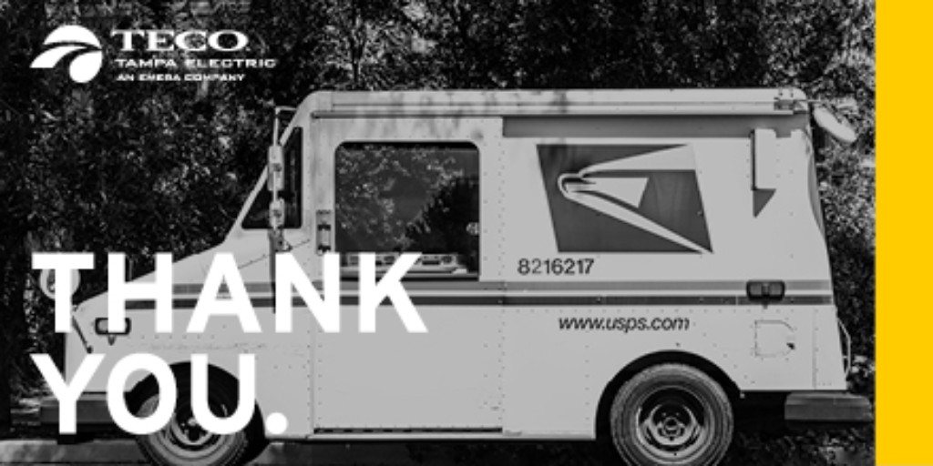 TampaElectric's tweet photo. Today we're showing our gratitude and appreciation for postal workers throughout the US as they continue their routes during the pandemic. #EverydayHeroes #mailman #maillady #usps #mailcarrier #postalproud #mail #mailmanlife #postalservice #uspsemployee #lettercarrier #postman https://t.co/IEtTUDbFRn