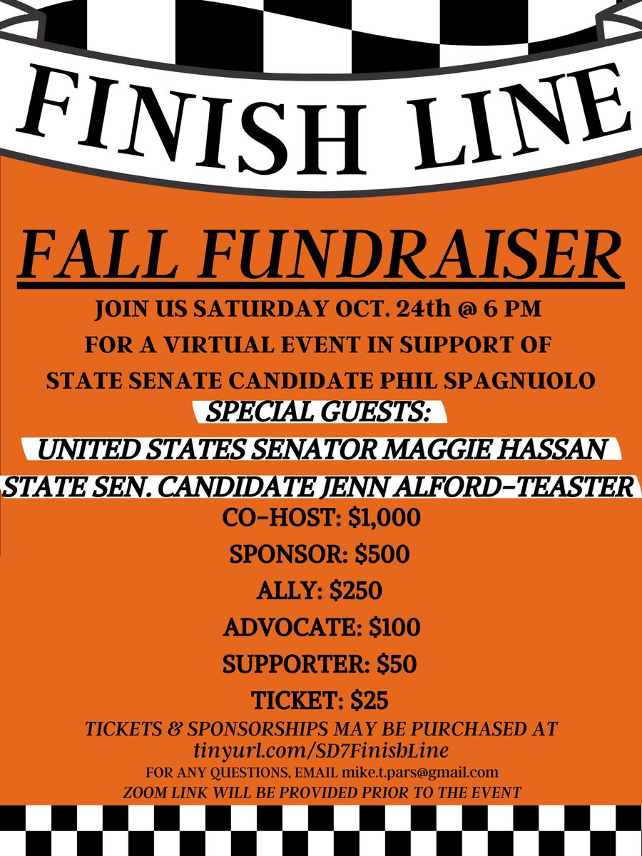 PhilSpagnuoloNH's tweet photo. Join us Saturday 10/24 @ 6PM for our Finish Line Fundraiser hosted by @jalfordteaster with SPECIAL GUEST @Maggie_Hassan!! Help us make the final push and finish strong! 

RSVP &amp; grab your tickets here: https://t.co/oxa0SSGaJ6 

#NHpolitics https://t.co/xGGqnz9xzL