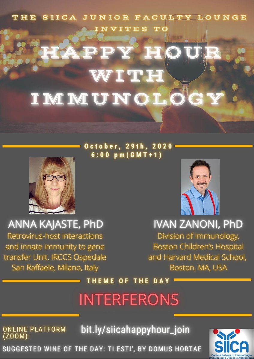 SiicaI's tweet photo. Less than 1 week to go! 
Join us for the Happy Hour with #Immunology by #SIICA next Thurs Oct 29 @ 6 pm
Our speakers will be Dr Anna Kajaste &amp; Dr Ivan Zanoni Theme of the day: INTERFERONS
Suggested wine: “Ti Estì” by Domus Hortae winery 🍷
Follow us here: https://t.co/KgbkpP2LXC https://t.co/DH67pKUrE8