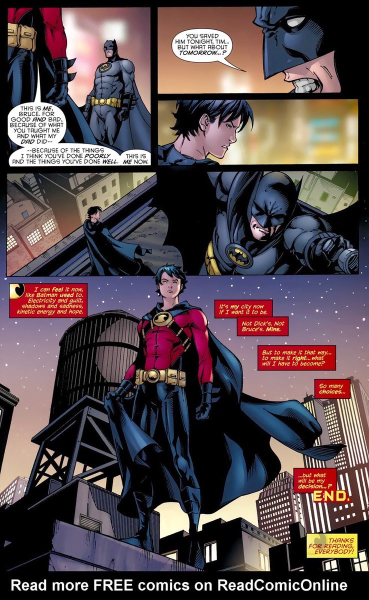 ((And then this scene.When bruce said “you saved him tonight Tim..but what about 𝙩𝙤𝙢𝙤𝙧𝙧𝙤𝙬?” tim didnt answer, but you just KNOW what that impliedThe ending of the comic is tim asking himself “what will i have to become?” Kinda cemented on how “gray” tim —