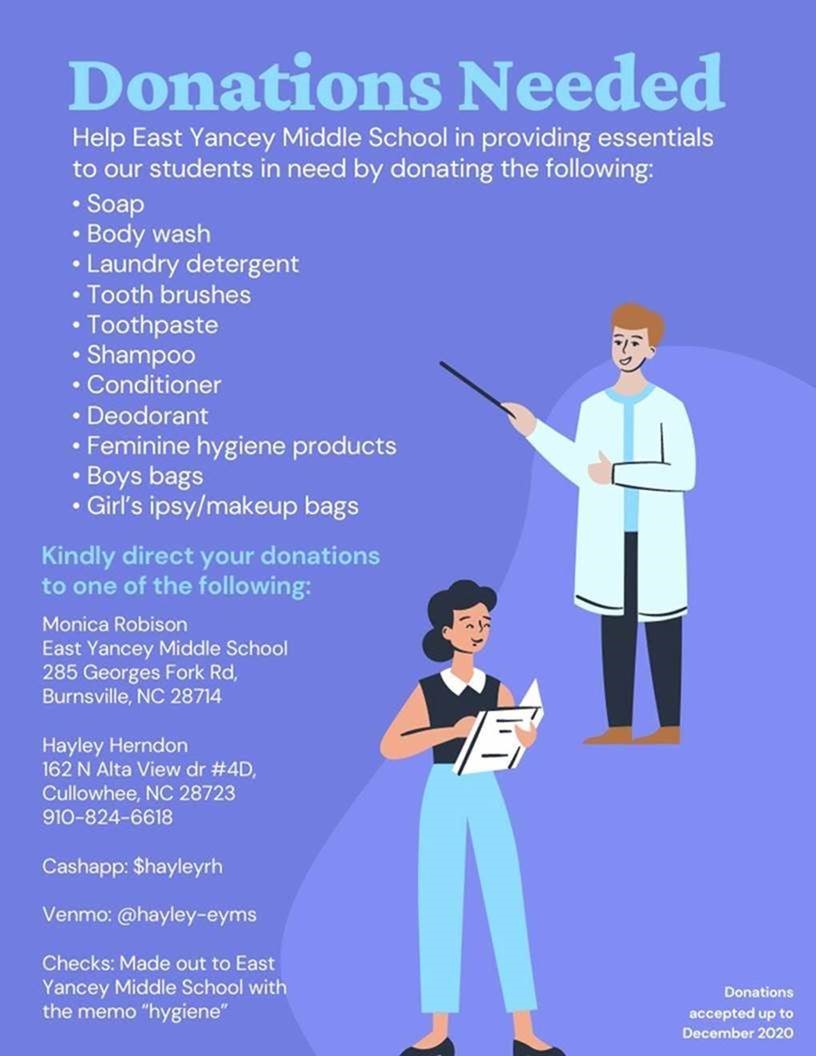 Yancey County Schools and CEAP psychology student Hayley Herndon are collecting personal hygiene products for middle school students. If you would like to donate to this cause, please see the poster of needed items. <a href="/WCUPsychology/">Western Carolina University Psychology</a>