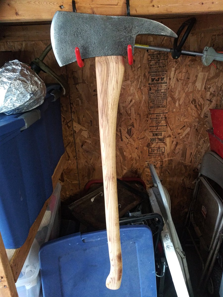 simple_yeti's tweet photo. A recently finished axe for the neighbor. An unmarked "fireman" axe with a heated hickory handle! I love learning more about axes! #axe #skills #crafts #edgedtools #homesteading #farm #lifehappening https://t.co/Sny2QI2qXO