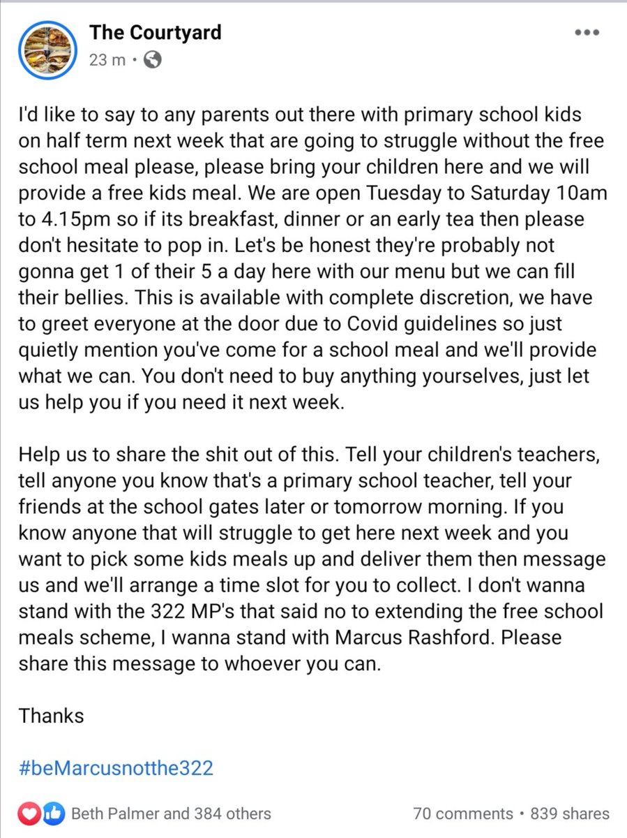 MarvellousMrsP's tweet image. 3 in 10 children in Leigh receive free school meals
Their MP James Grundy has just voted against helping them out during the holidays, in a pandemic where many parents are receiving a fraction of their wages
Meanwhile elsewhere in Wigan @courtyardwigan  are doing this ❤️
