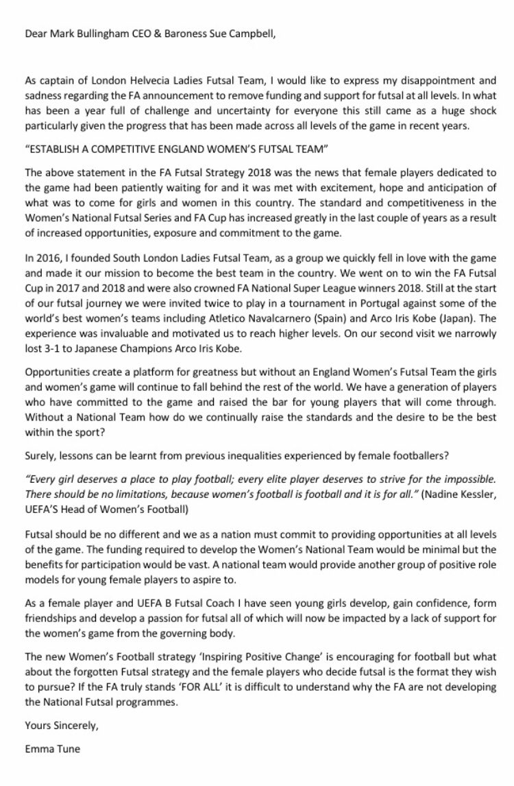 EmmaTune4's tweet photo. My thoughts on @FA funding cuts to futsal, the impact on the girls &amp; women’s game and why we need an England Women’s team! 
Please let’s keep the dream alive 🏴󠁧󠁢󠁥󠁮󠁧󠁿🦁🦁🦁 
#FutsalForAll 
@SaveFutsal @Tanni_GT @RaoniMedina9 @DougReedFutsal @Sport_England @DCMS @OliverDowden https://t.co/YxQJTq2Ito