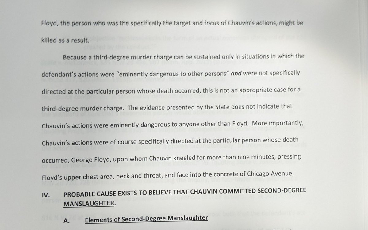 And here is Judge Cahill's conclusion on why he dismissed 3rd degree murder charge against Derek Chauvin in death of  #GeorgeFloyd. Says statute requires Chauvin to put "others" in danger by his actions. Cahill writes, Chauvin only put Floyd's life in danger.  @FOX9