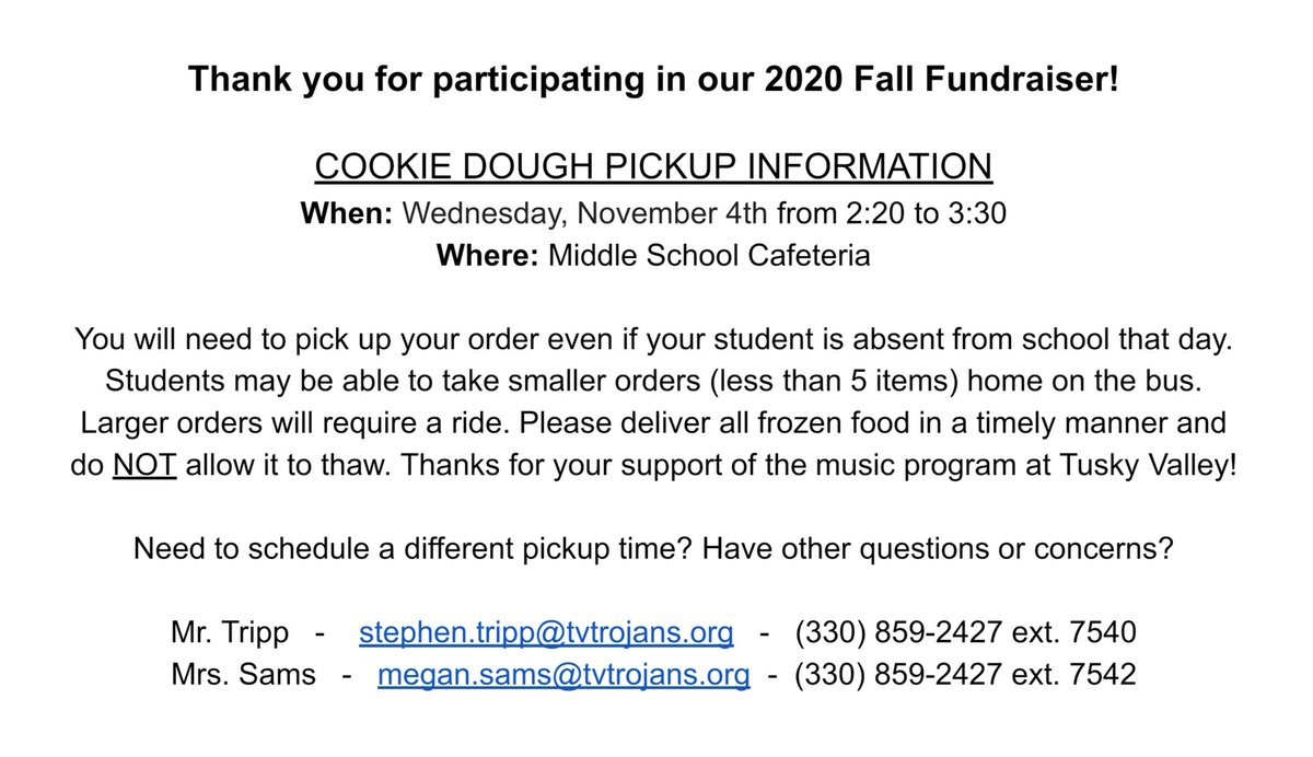 Otis Spunkmeyer fundraiser pickup information: