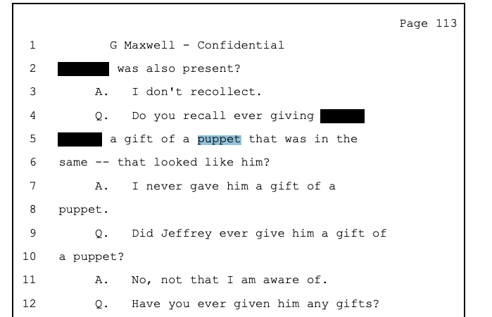 Josie Ensor On Twitter Ghislaine Maxwell Denies Giving Prince Andrew Name Redacted A Puppet In His Image As A Gift When He Was In New York In 2001 Https T Co Bt6nefgku8