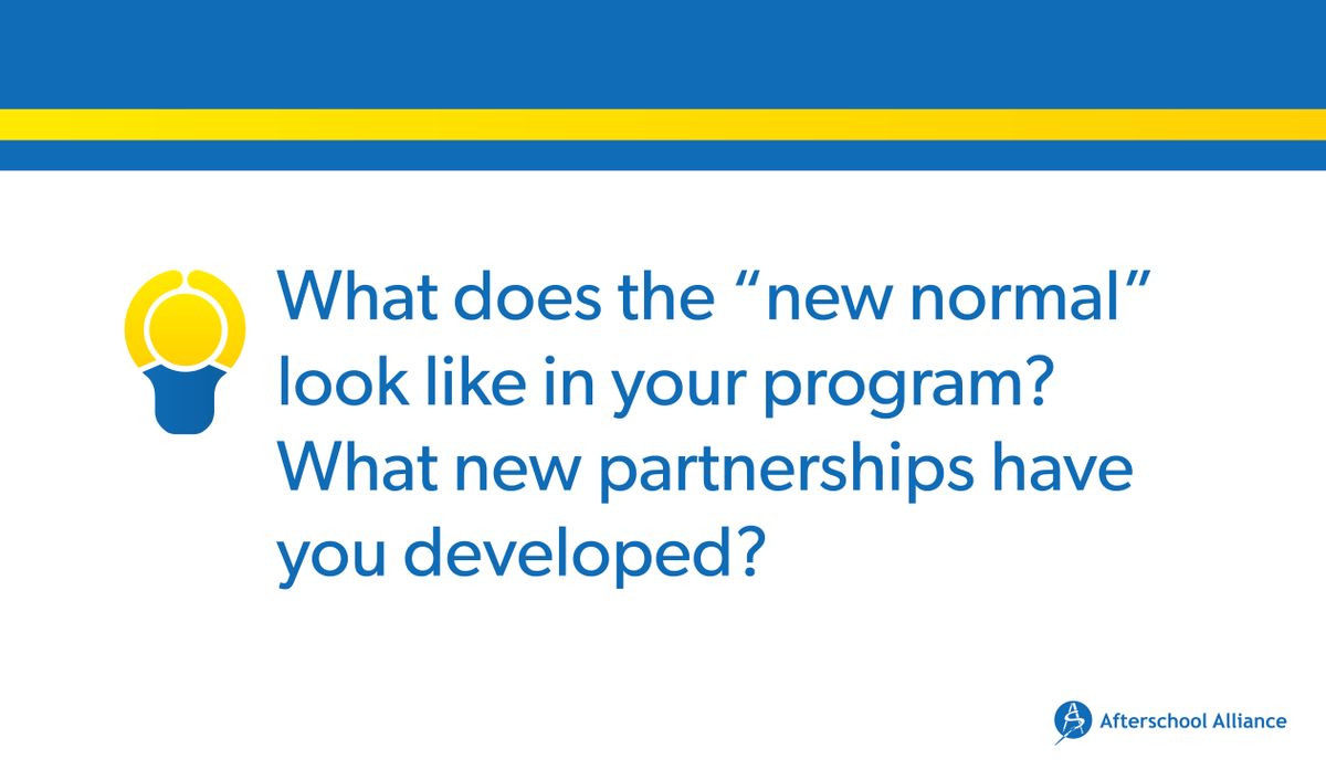 afterschool4all's tweet photo. #LightsOnAfterschool Q3: What does the “new normal” look like in your program? What new partnerships have you developed? https://t.co/GjIKjgX009