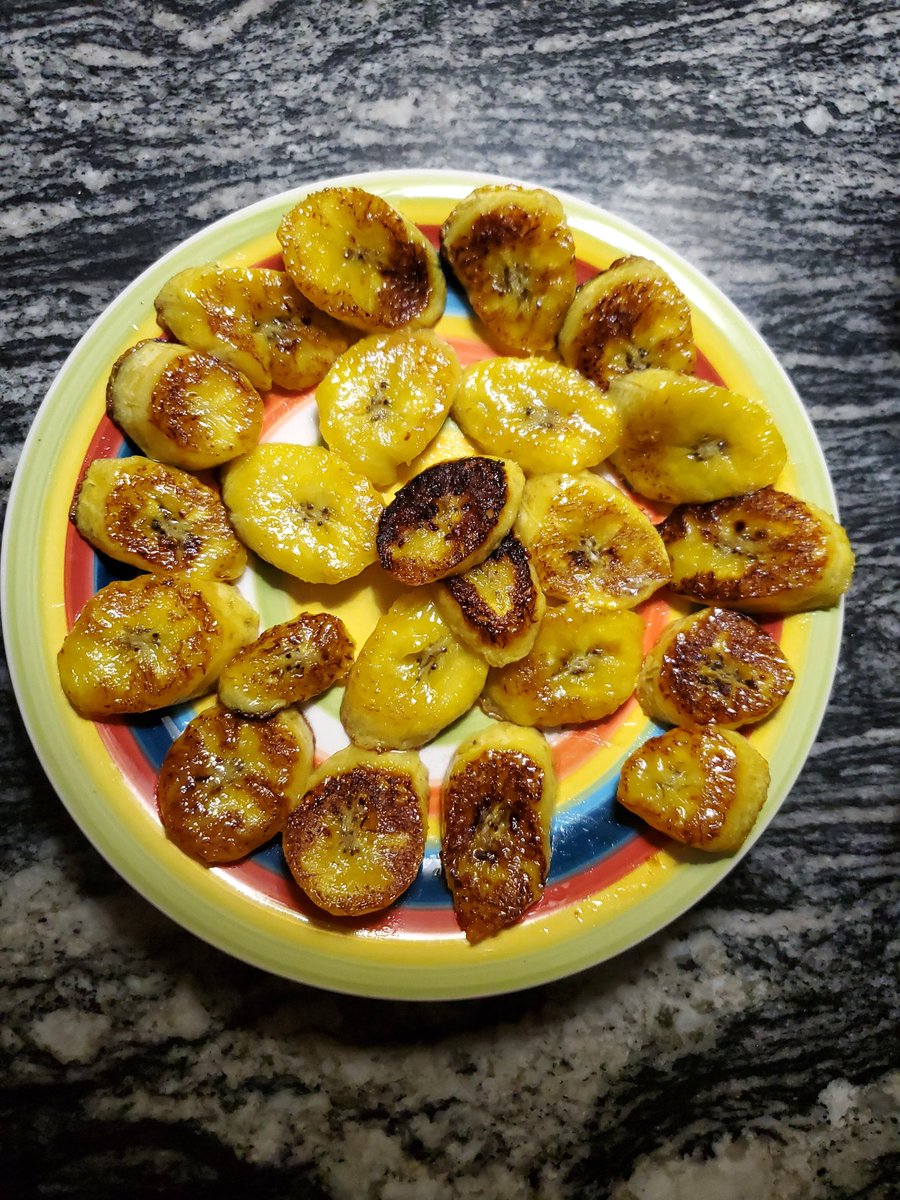 Maduros are South American fried sweet plantain bananas. They are yellow and if cooked right the sugar in them caramelizes to turn the surface a light burnt shade of brown.