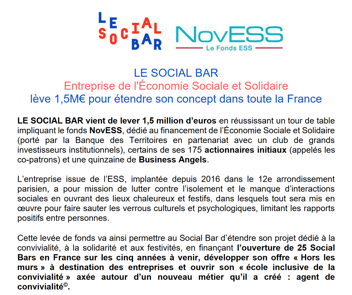 LeFondsESS's tweet photo. Le fonds #NovESS soutient @lesocialbar pour accélérer le déploiement de sa stratégie de changement d’échelle, avec l’ouverture de nouveaux bars solidaires et conviviaux dans les territoires. En savoir plus ➡️https://t.co/Qbg1ADyhme
@BanqueDesTerr 

#investissementresponsable #ess https://t.co/AFZxIpQAQi