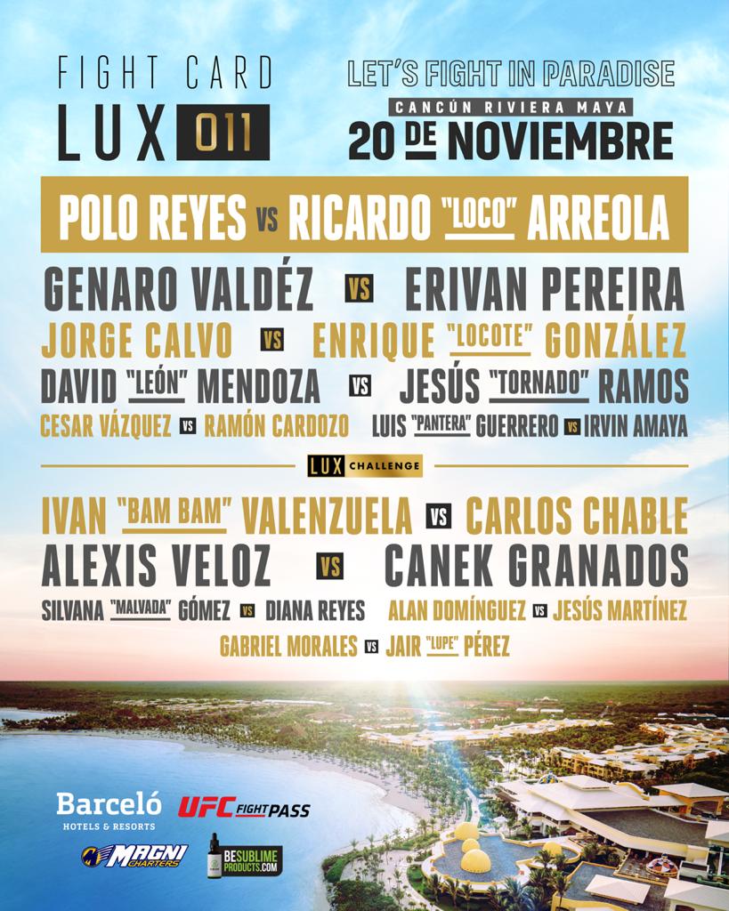 luxfightleague's tweet photo. ¡CARTELERA COMPLETA!
#LUX011 #FightInParadise 🏖️ 🔥
@BarceloMayaGR @Magnicharters @UFCFightPass #SublimeProducts https://t.co/rzOl1WzEZo