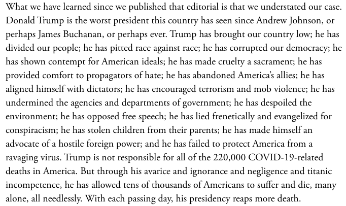 3/ What we have learned since we endorsed Clinton is that we understated our case against Trump. He is the worst president this country has seen since Andrew Johnson, or perhaps James Buchanan, or perhaps ever.