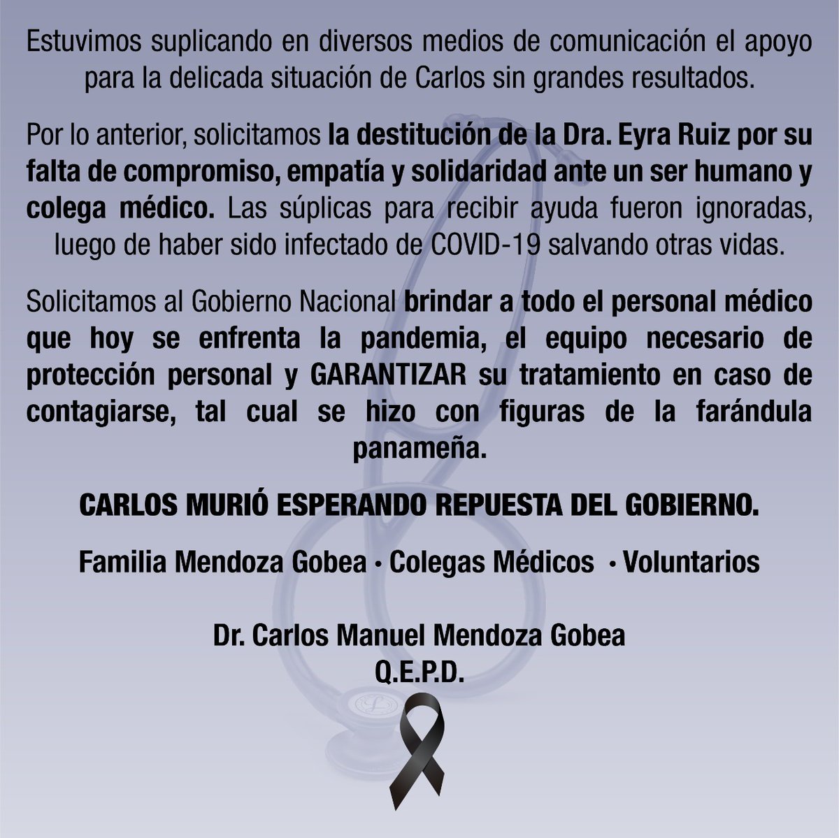 Asturias081's tweet photo. Este comunicado es de la familia del Doctor Mendoza, quien falleció ayer esperando una ayuda del Gobierno que jamás llegó ¿cómo ustedes pueden mentir así @EyraRuiz @NitoCortizo @gabycarrizoj @MINSAPma @presidenciapma @LPacoSucre ?
#Panama https://t.co/x9EpSo69hI