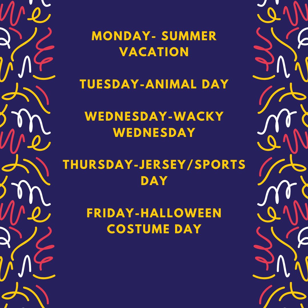 Hooray for Spirit Week! Next week, October 26th-29th Woodbrook invites students to participate in dressing up following the theme for each day.