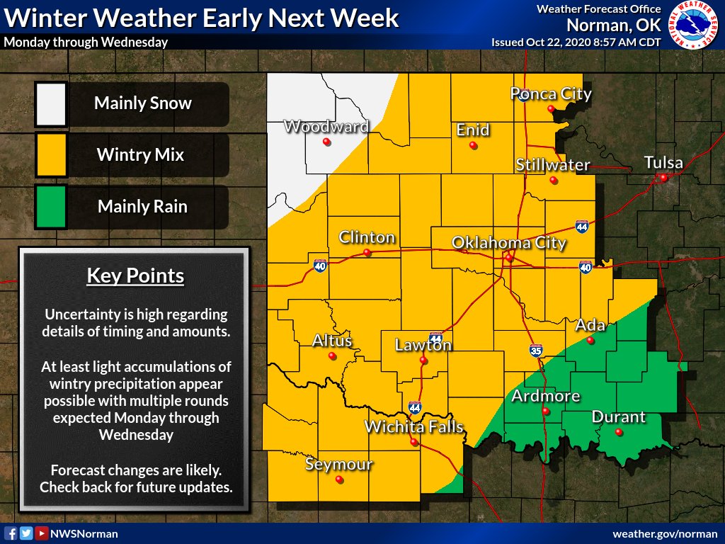 NWSNorman's tweet photo. ❄️An early heads up for possible wintry weather early next week!
Uncertainty is still high at this range but at least light accumulations of wintry precipitation appear possible. Expect changes to the forecast as we get closer so check back for updates. #okwx #texomawx https://t.co/2l7C8gezKO