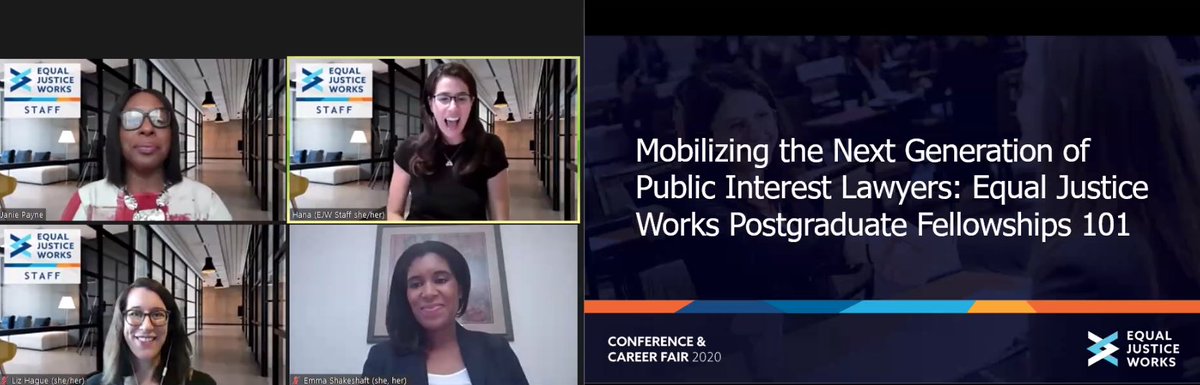EJW_org's tweet image. Whether you’re designing a project or joining an issue-based program, Fellowships are a great way to address unmet legal needs while gaining work experience. Staff &amp;amp; Fellows explain how #EqualJusticeWorks can launch legal public interest careers, happening now at #CCF2020!