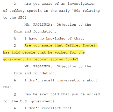 Was Epstein working for the US government? Epstein had told people "he worked for the government to recover stolen funds."Maxwell: Don't recall those conversations.Read Ghislaine Maxwell's full deposition here: https://www.scribd.com/document/481162435/Ghislaine-Maxwell-Deposition