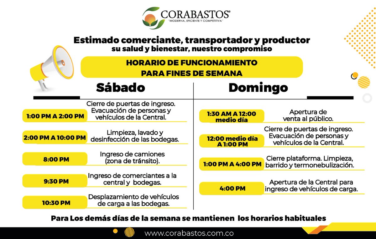 CorabastosSA's tweet photo. #CORABASTOSInforma

🇨🇴Estimados comerciantes, transportadores, productores y visitantes. Corabastos cambia su horario de fines de semana 📣

¡Juntos por la reactivación económica de la Central! Los esperamos 🗣️ https://t.co/OlJmrwOoDo