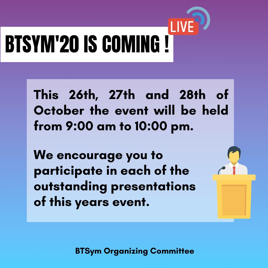 btsym_br's tweet photo. The BTSym’20 event is coming soon! This 26th, 27th and 28th the event will be held entirely virtual from 9:00 am to 10:00 pm. 

Here you can view the conference program for this years edition: https://t.co/5Vjxf1IZmy

#btsym #eventbtsym #btsym20 https://t.co/jA6yh6C2O0