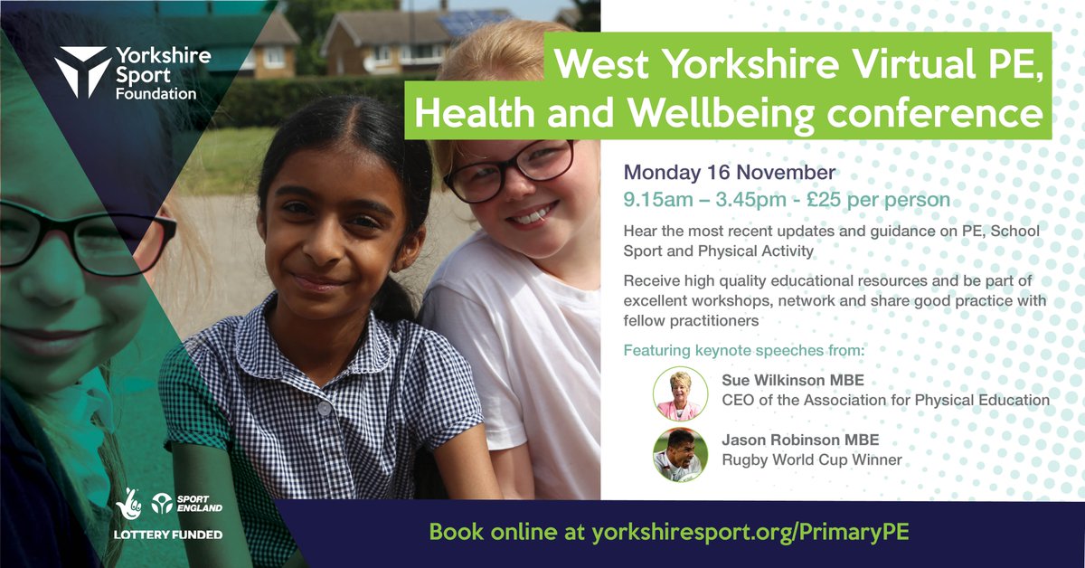 Calderdale Primary PE Leads, this years conference is going virtual. Keynotes from <a href="/suewilkinson13/">Sue Wilkinson MBE</a> <a href="/afPE_PE/">Association for Physical Education</a>  and <a href="/Jason15Robinson/">Jason Robinson</a> plus great workshops. 
Please book here: bit.ly/WY_PE_2020  

#BackToSchoolGames #primaryPE #calderdale