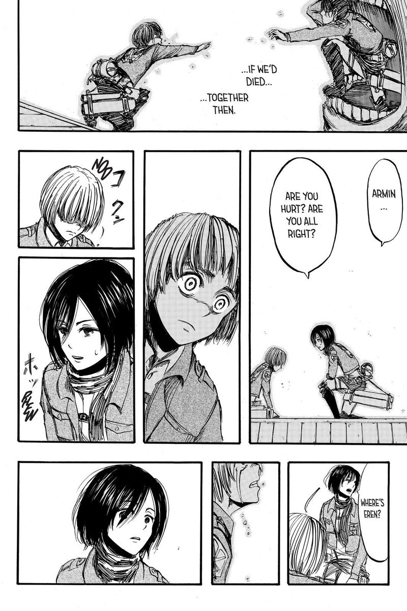 mikasa didn't blame armin, even a bit, after what happened with eren. she understood that it wasnt the right time to be emotional. she also understood, not only her, but armin too got affected by the loss of their best friend.