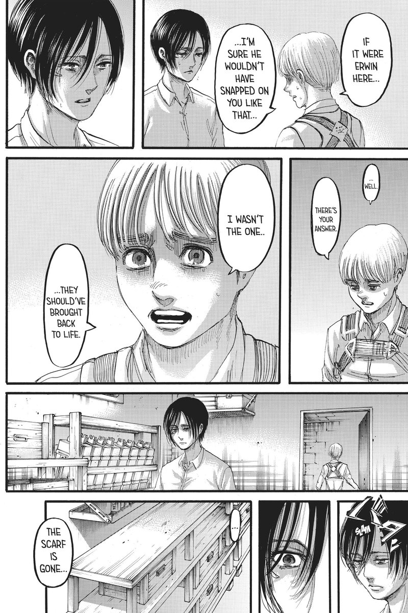 when they got into fight when armin said "I'm sure he wouldnt have snapped on you like that." mikasa's mouth opened as if she could feel his pain, she didn't mean to make armin think or say that.... she felt bad....