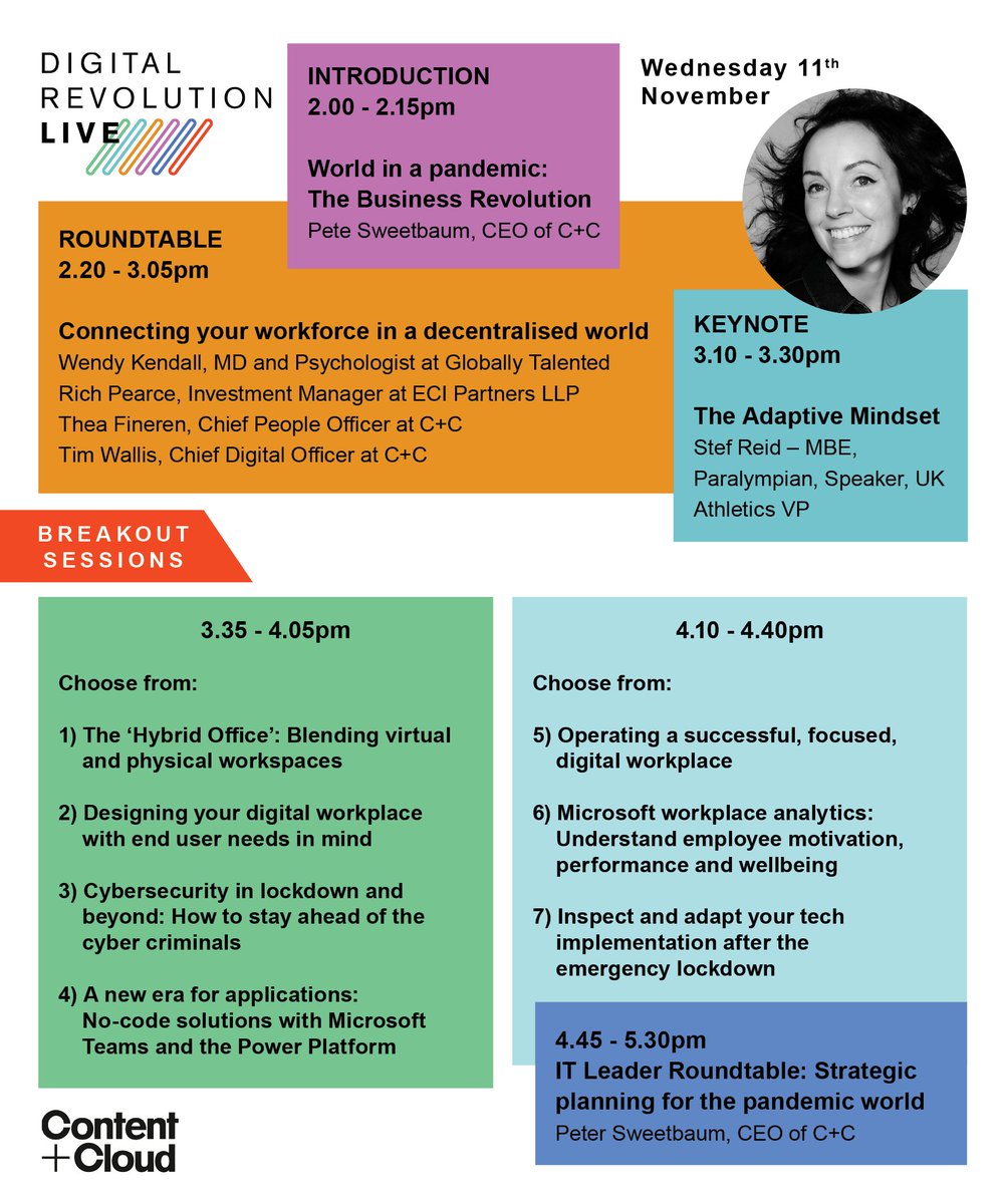 ContentandCode's tweet image. Are you ready for the Digital Revolution?
Check out the agenda for @content_cloud_ digital conference! The line-up speaks for itself. With individual days focusing on a range technical and business challenges.
Find out more here: hubs.ly/H0yp69s0