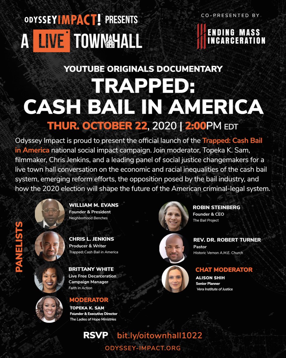 OdysseyImpactNY's tweet image. Join us for the #TrappedCashBail LIVE Town Hall and social impact campaign launch event today (10/22), featuring writer/producer @bychrisljenkins w. @bailproject, @BenchesInc, @FIAnational + more. There's still time to RSVP → bit.ly/oitownhall1022