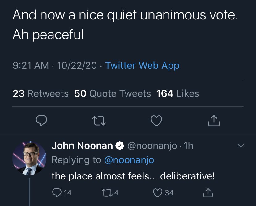 I’m losing my mind over his reaction to the ACB confirmation vote beingA) ‘nice’ (because the Democrats are BOYCOTTING THE VOTE)B) ‘peaceful’ (because the protestors aren’t allowed inside)C) ‘deliberative’ (WHEN THERE’S NOBODY THERE TO DELIBERATE)
