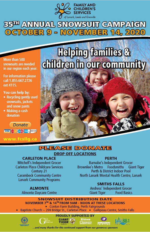 The Lanark 35th Annual Snowsuit Campaign has begun. Drop off gently used snowsuits to many locations throughout Lanark (see poster). Pick up snowsuits on November 7 &amp; 14 2020. To make a cash donation go to fcsllg.ca and click on the donate button #snowsuitdrive